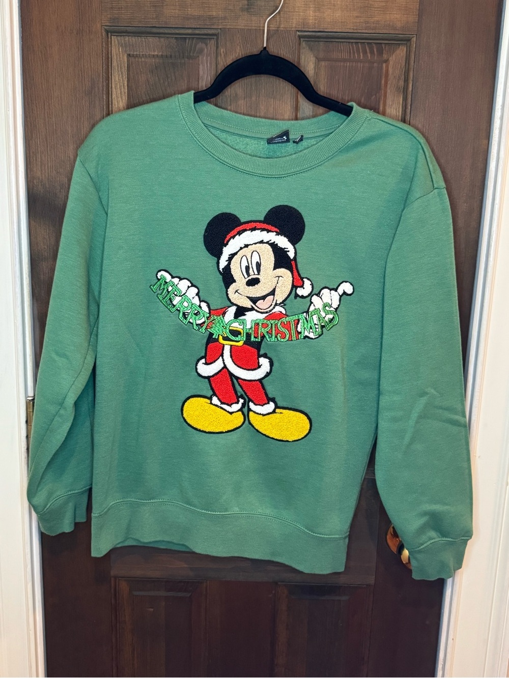 Disney Mickey Mouse Merry Christmas Green Embroidered Sweatshirt Adult Small